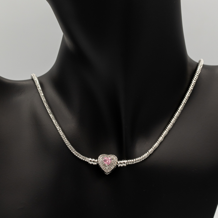 Colier Argintiu Stil Pandora Cu Pandantiv Inimă Pink [3]