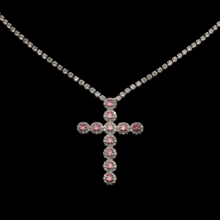 Colier Tennis Cu Pandantiv Cruce Cu Cristale Roz [2]