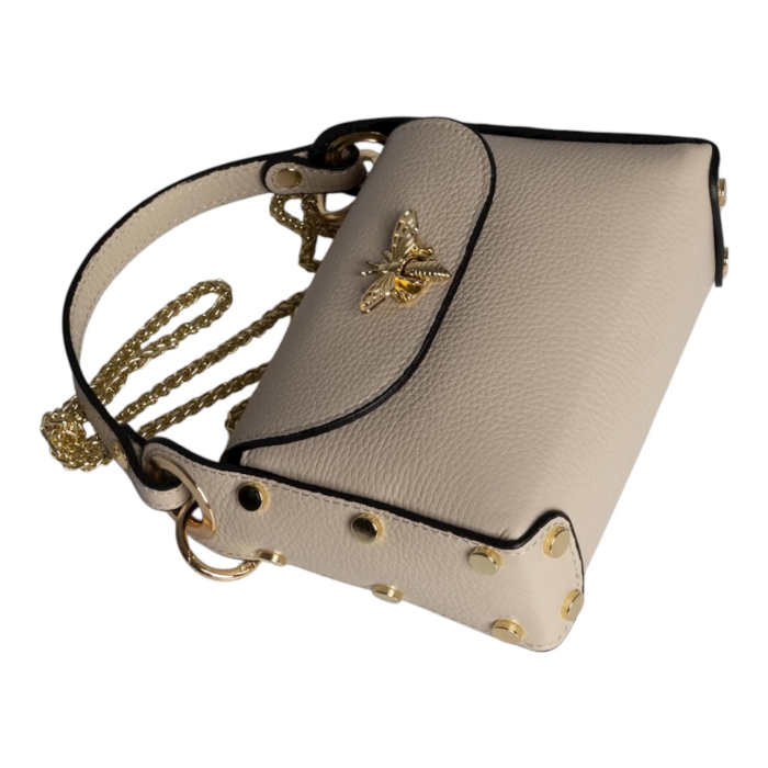 Geantă Mini Piele Naturală Cu Accesoriu Albină Beige [3]