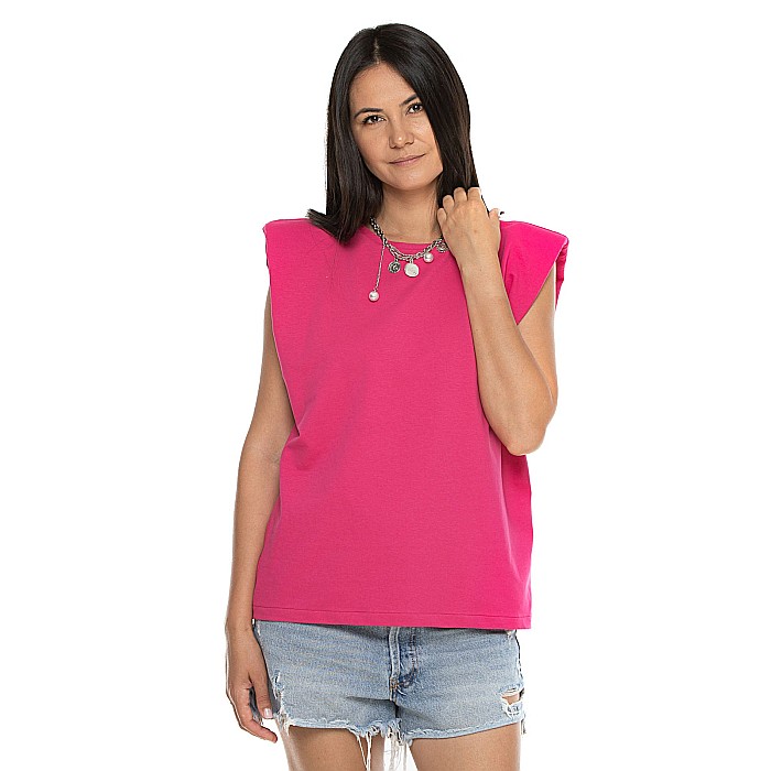 Tricou Roz Ciclam Cu Umeri Supradimensionați [2]