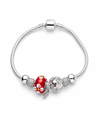 TOATE PRODUSELE - Brățară Argintie Tip Pandora Cu Charmuri Red Flower