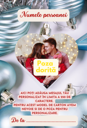 MESAJE ÎN CUTIE - Cartonaș personalizat cu mesaj și fotografie – Emoție în cutia de bijuterii - Model albastru cu globuri