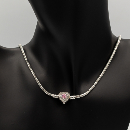 COLIERE - Colier Argintiu Stil Pandora Cu Pandantiv Inimă Pink
