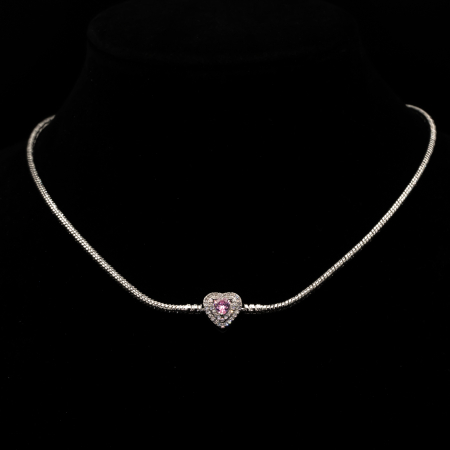 Colier Argintiu Stil Pandora Cu Pandantiv Inimă Pink Love [1]