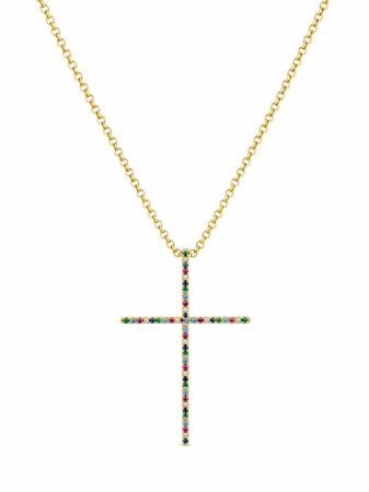 REDUCERI - Colier Unisex Auriu Cu Pandantiv Cruce Multicoloră
