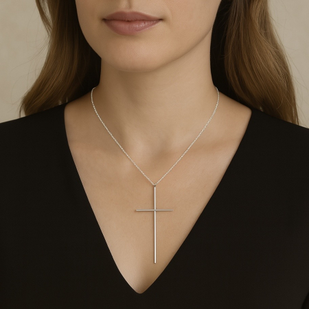 BIJUTERII - Colier Oversized Argintiu Cu Pandantiv Cruce