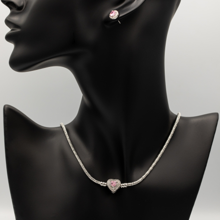 COLECȚIA TIP PANDORA - Colier Argintiu Stil Pandora Cu Pandantiv Inimă Pink