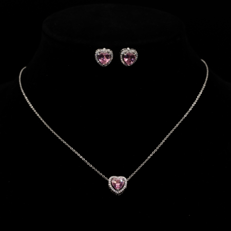 SETURI BIJUTERII - Set Strălucitor Placat Cu Aur Alb Colier și Cercei Pink Heart