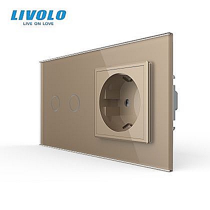 Intrerupator dublu cu touch + priza Schuko, generatia noua, cu rama st auriu [1]