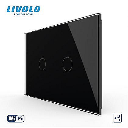 Intrerupator dublu, standard italian, cap scara / cap cruce, conexiune WiFi, cu panou sticla, 3M negru [1]