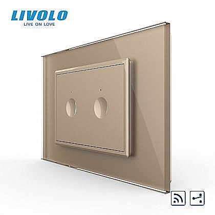 Intrerupator dublu tactil, control telecomanda RF, cap scara / cap cruce, standard italian, cu rama sticla, 3M auriu [1]