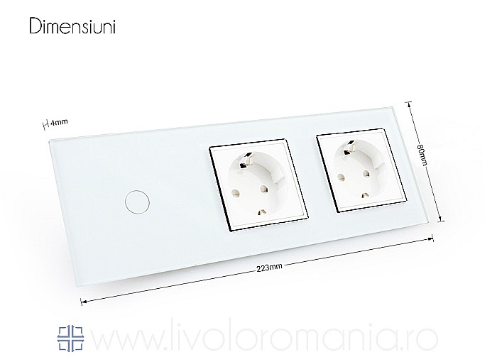 Intrerupator simplu + priza dubla Schuko, generatia noua, cu rama sticla alb [8]