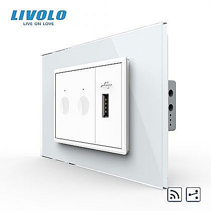 Intrerupator tactil dublu cap scara / cruce, control telecomanda RF + priza USB, 3M, rama sticla alb [1]