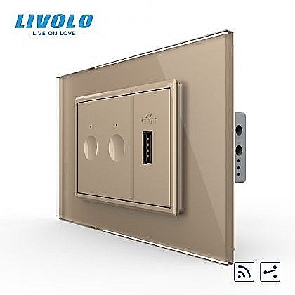 Intrerupator tactil dublu cap scara / cruce, control telecomanda RF + priza USB, 3M, rama sticla auriu [1]