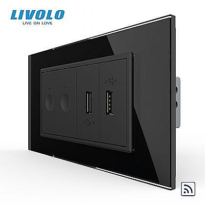 Intrerupator tactil dublu control telecomanda RF + priza dubla USB, 4M, cu rama sticla negru [1]