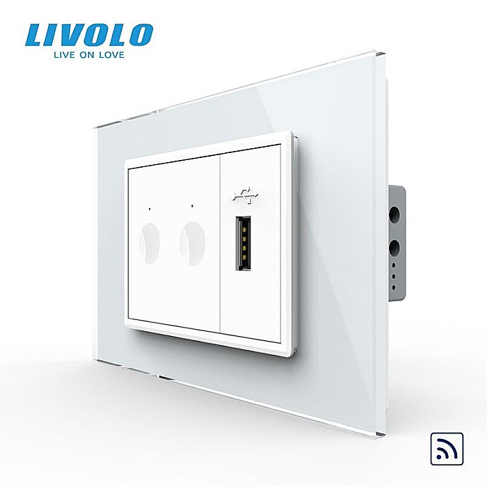 Intrerupator tactil dublu control telecomanda RF + priza USB, 3M, rama sticla alb [1]