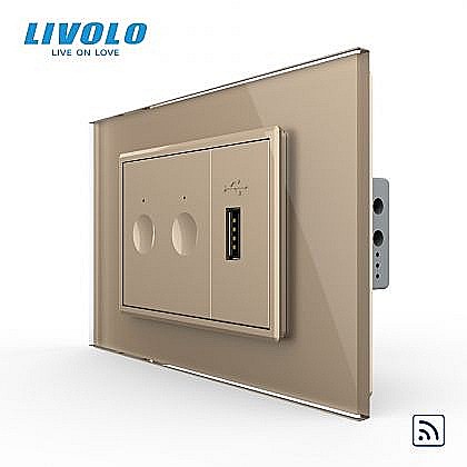 Intrerupator tactil dublu control telecomanda RF + priza USB, 3M, rama sticla auriu [1]