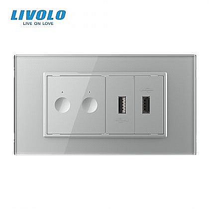 Intrerupator tactil dublu + priza dubla USB, 4M, cu rama sticla gri [1]