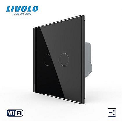 Intrerupator tactil dublu WiFi, cap / scara / cruce, cu panou sticla negru [1]