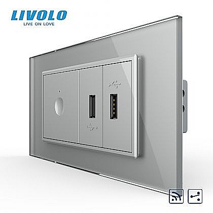 Intrerupator tactil simplu cap scara / cruce control telecomanda RF + priza dubla USB, 4M, cu rama sticla gri [1]