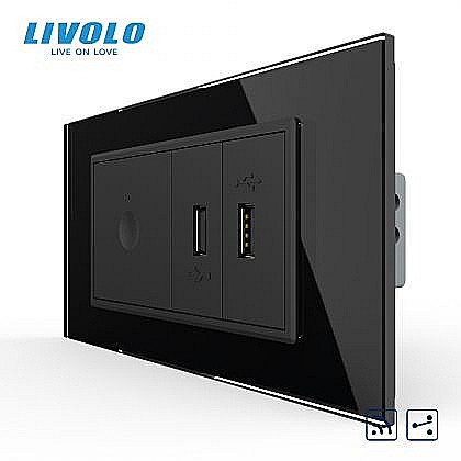 Intrerupator tactil simplu cap scara / cruce control telecomanda RF + priza dubla USB, 4M, cu rama sticla negru [1]