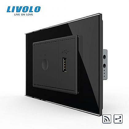 Intrerupator tactil simplu cap scara / cruce control telecomanda RF + priza USB, 3M, rama sticla negru [1]