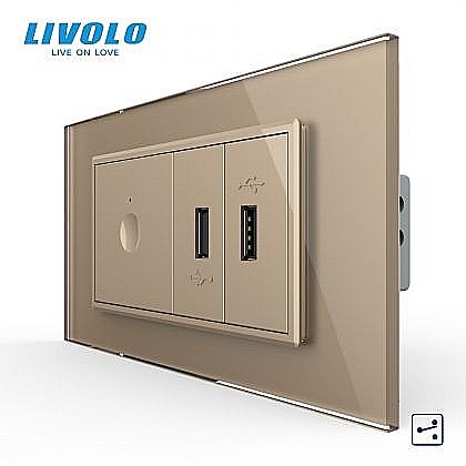 Intrerupator tactil simplu cap scara / cruce + priza dubla USB, 4M, cu rama sticla auriu [1]