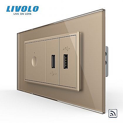 Intrerupator tactil simplu control telecomanda RF + priza dubla USB, 4M, cu rama sticla auriu [1]