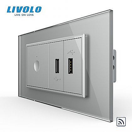 Intrerupator tactil simplu control telecomanda RF + priza dubla USB, 4M, cu rama sticla gri [1]