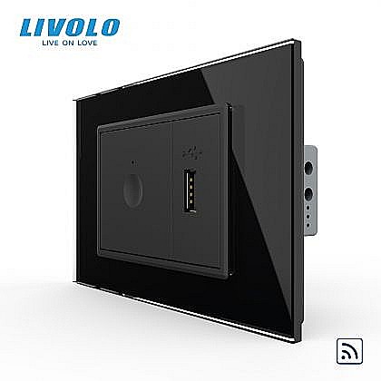 Intrerupator tactil simplu control telecomanda RF + priza USB, 3M, rama sticla negru [1]