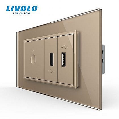 Intrerupator tactil simplu + priza dubla USB, 4M, cu rama sticla auriu [1]