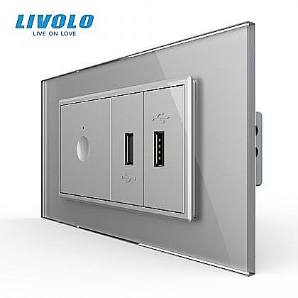 Intrerupator tactil simplu + priza dubla USB, 4M, cu rama sticla gri [1]