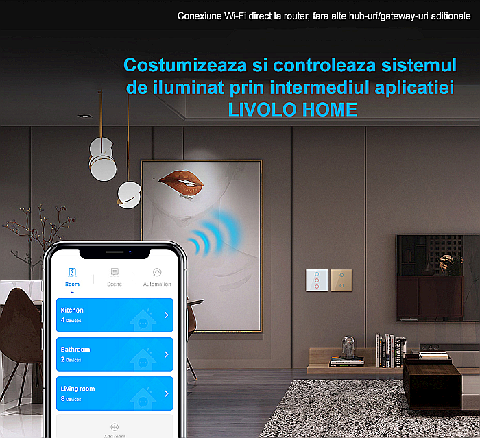 Intrerupator triplu, standard italian, cap scara / cap cruce, conexiune WiFi, cu panou sticla, 3M alb [6]