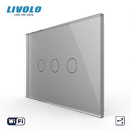 Intrerupator triplu, standard italian, cap scara / cap cruce, conexiune WiFi, cu panou sticla, 3M gri [1]
