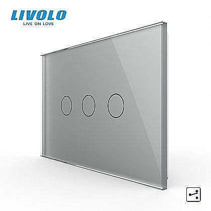 Intrerupator triplu, standard italian, cap scara / cap cruce, cu panou sticla, 3M gri [1]