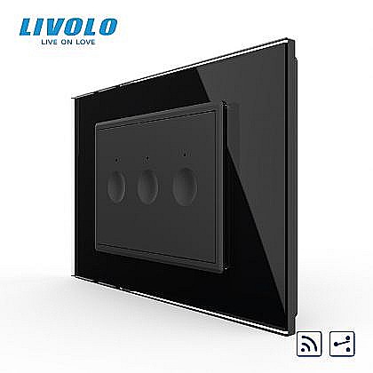 Intrerupator triplu tactil, control telecomanda RF, cap scara / cap cruce, standard italian, cu rama sticla, 3M negru [1]
