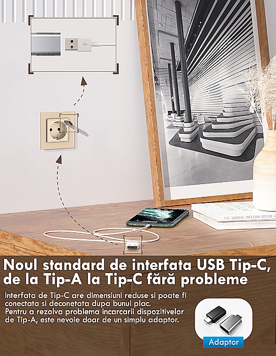 Modul priza simpla Schuko + slot USB Tip-C, Standard German 2M alb [5]