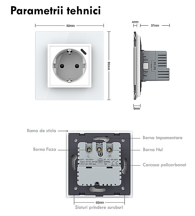 Modul priza simpla Schuko + slot USB Tip-C, Standard German 2M alb [9]