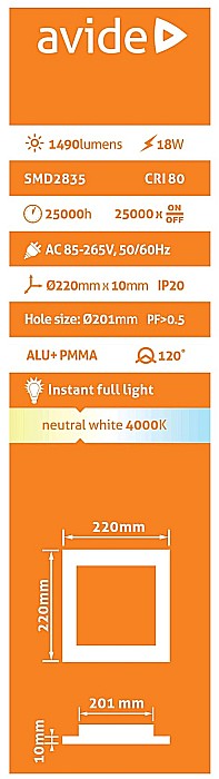 Panel LED ALU 18W 220x220 lumina neutra [2]