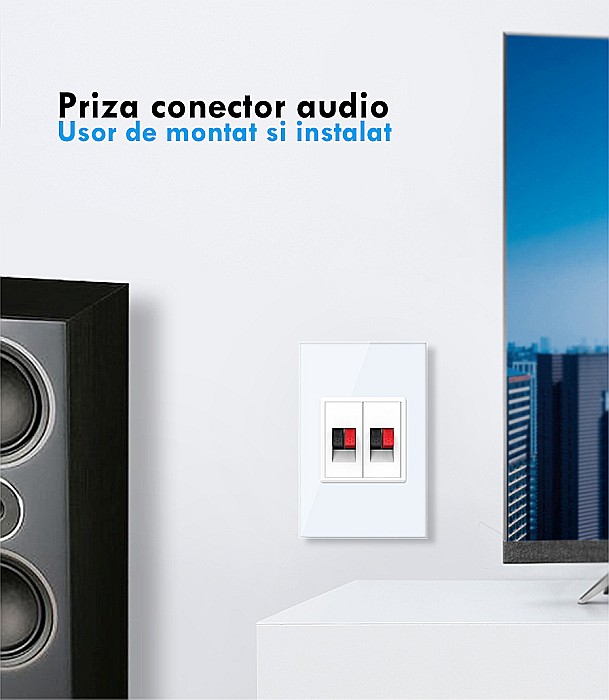 Priza dubla cabluri audio, 2x1M, cu rama sticla alb [4]