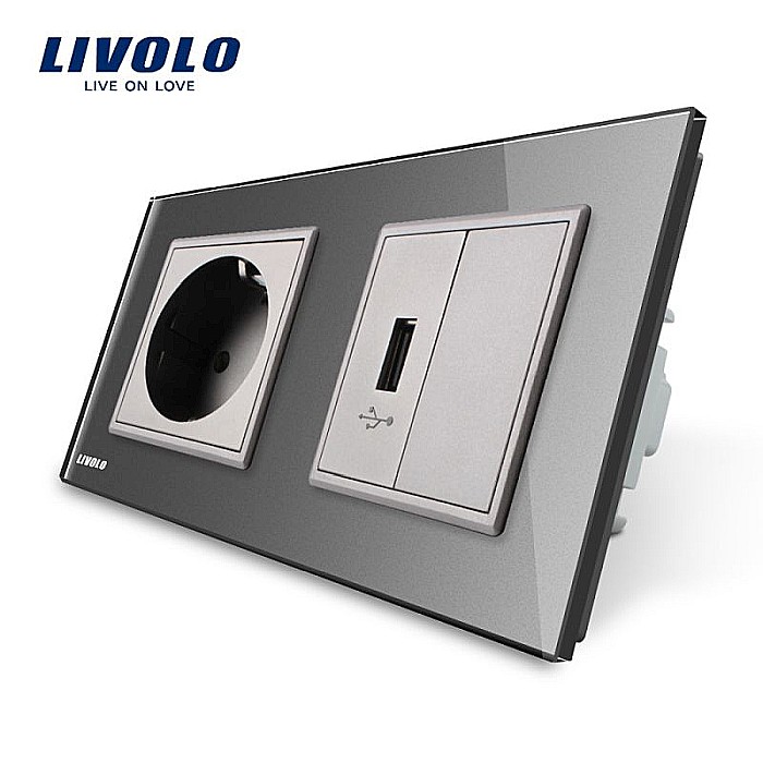 Priză dublă Schuko + USB negru [1]