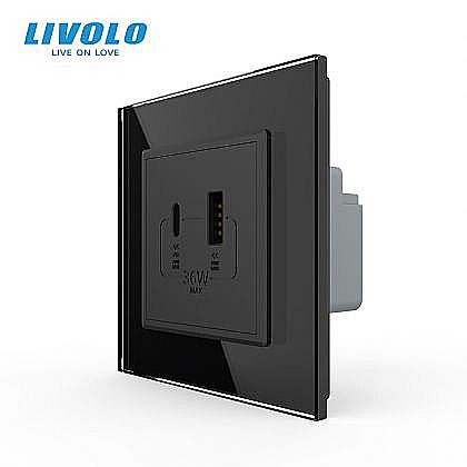 Priza dubla USB + USB tip C, cu rama sticla negru [1]