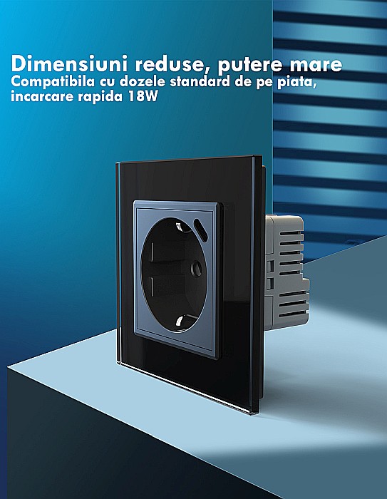 Priza simpla Schuko + slot USB Tip-C, Standard German 2M, cu rama sticla auriu [5]