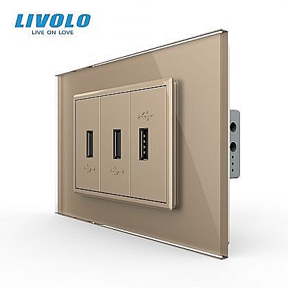 Priza tripla USB 3M, cu rama sticla auriu [1]