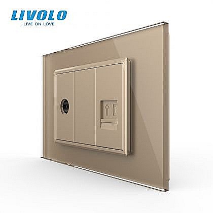 Priza TV + telefon 3M, TV+RJ11, cu rama sticla auriu [1]