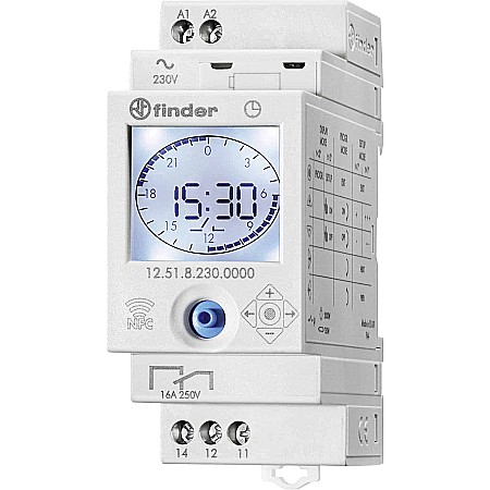 Relee - Ceas programabil digital Finder, 2M, 16A, 230VAC, 1CO, 30min, NFC, 12.51.8.230.0000