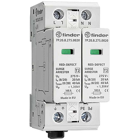 Descarcatoare supratensiune - Descarcator de protecție Tipul 2, 2 varistoare, fara semnalizare la distanța 7P.27.8.275.0020 – Finder