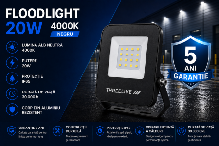 Proiector LED 20W Floodlight Black 4000K