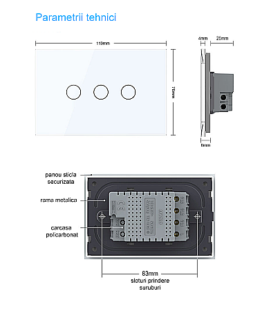Intrerupator cvadruplu, standard italian, cap scara / cap cruce, control telecomanda RF, cu panou sticla, 3M alb [14]