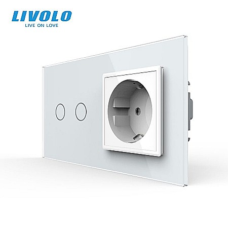 Prize+Intrerupator - Intrerupator dublu cu touch + priza Schuko, generatia noua, cu rama st alb